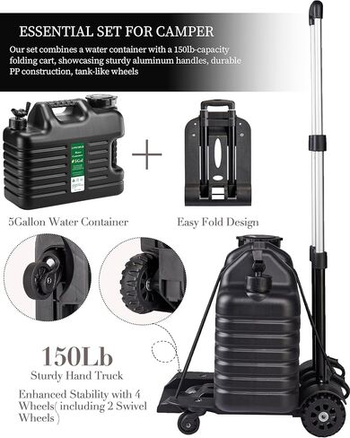 5 Gallon Water Jug and 150 lb Multifunctional Folding Hand Cart,Black Hand Truck,BPA Free Thickened Water Storage, Portable Luggage Cart with 2 Tank Wheels + 2 Swivel Wheels,Essential Camping Hiking in Saudi Arabia