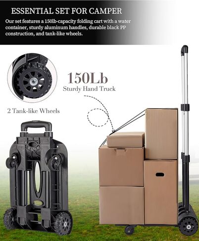 5 Gallon Water Jug and 150 lb Multifunctional Folding Hand Cart,Black Hand Truck,BPA Free Thickened Water Storage, Portable Luggage Cart with 2 Tank Wheels + 2 Swivel Wheels,Essential Camping Hiking in Saudi Arabia