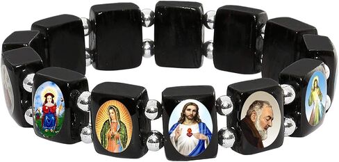 Catholica Shop I Catholic Religious Bracelets with Assorted Black & White Images of Catholic Saints I Wooden Stretchable Bracelet I Catholic Gifts Bracelets I Religious Bracelet in Kuwait