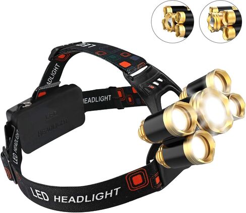 مصباح أمامي، مصباح رأس Deriena Brightest 12000 Lumen 5 LED، مصباح أمامي USB مقاوم للماء مع ضوء عمل قابل للتكبير، مصابيح رأس للتخييم والجري والمشي لمسافات طويلة in Saudi Arabia