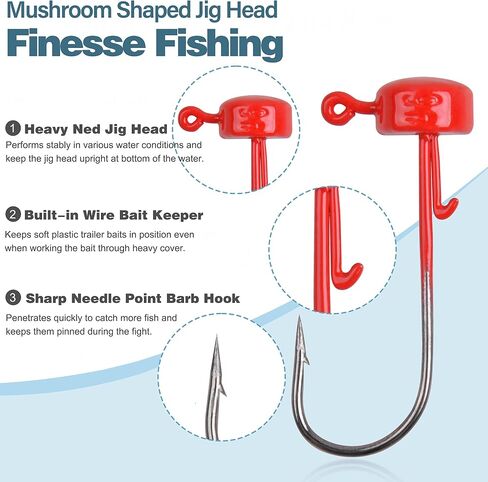 Ned Rig Jig Heads Kit-25pcs Finesse Mushroom Shroom Jig Hooks for Soft Lures Ned Rig Jig Heads for Bass Fishing Crappie Jig Heads Mushroom Head Jigs Freshwater or Saltwater 1/6 1/8 and 1/10oz in Saudi Arabia