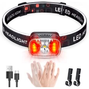 Type-C Rechargeable Red Headlamp, 1200 Lumen 14 Modes Ultra Bright White Light Head Lamp with Motion Sensor, IPX4 Waterproof Adjustable Strap Headlamp Flashlight for Camping,Running,Cycling