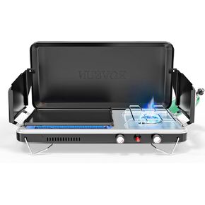 ROVSUN 2-in-1 Portable Camping Stove & Propane Grill with Enamel Griddle & Piezo Igniter, Tabletop Camp Stove with Built-in Handle, Wind Panel & Regulator for Camping, Tailgating, Grilling (Black)