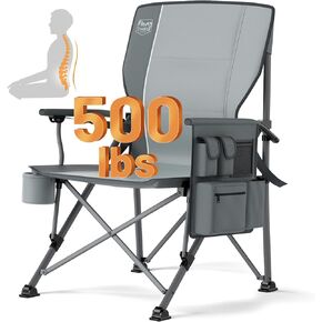 TIMBER RIDGE Oversized Folding Camping Chair with Lumbar Support Adjustable High Back Heavy Duty for Adults Support up to 500lbs with Cup Holder, Cooler Bag, Side Pocket, Grey
