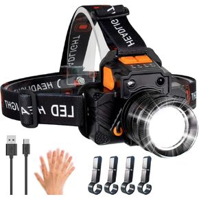 Rechargeable Headlamp, 2000 High Lumen LED Head Flashlight, with Battery and Motion Sensor Head Lamp, Waterproof, Zoomable Outdoor Headlamp for Camping Hiking Running Cycling Fishing Work