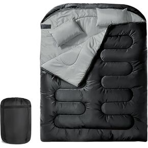 كيس نوم مزدوج للبالغين مع وسادتين مقاوم للماء مقاس كوين لشخصين أكياس نوم للطقس البارد/الدافئ - التخييم والمشي لمسافات طويلة وحقائب الظهر (أسود ورمادي) in Kuwait