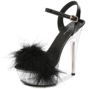 Clear Sexy Platform Heels with Ankle Strap Sandals Stiletto High Heels 6 inch Platform Pink Fluffy Party Dancing Heels Size 11