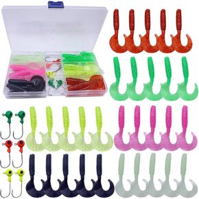 WOLFSKIN Soft Fishing Lures 36pcs Soft Plastic Baits Set Curly Tail Swimbaits with jig Head Hooks 6 Colors of Curly Tail Worms Grubs for Crap Bass Trout Walleye Freshwater Saltwater