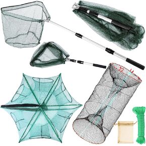 3 Pcs Foldable Fishing Net Fishing Landing Net with Telescoping Pole Handle Collapsible Crab Trap Hexagon Fishing Bait Trap with Rope and Lure Bag for Crab Crayfish Shrimp
