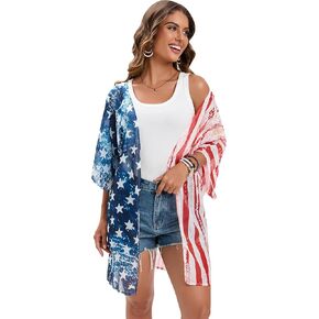 DDSOL Women's American Flag Kimono Cover up Beachwear Cardigan Loose Tops Shirt Blouse