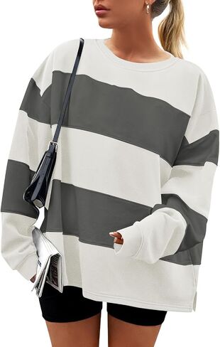 ZESICA المرأة الخريف البلوز بلايز Crewneck كم طويل فضفاض المتضخم مخطط بلوزة صوف 2024 الملابس in Saudi Arabia