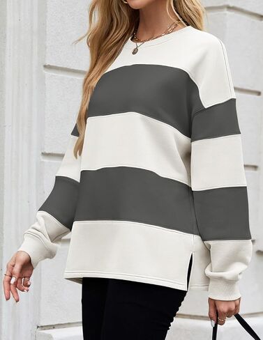 ZESICA المرأة الخريف البلوز بلايز Crewneck كم طويل فضفاض المتضخم مخطط بلوزة صوف 2024 الملابس in Saudi Arabia