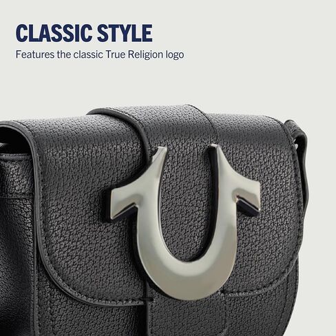 حقيبة كروس نسائية من True Religion، حقيبة كتف صغيرة قابلة للتعديل مع شعار حدوة الحصان، رمادي داكن in Kuwait