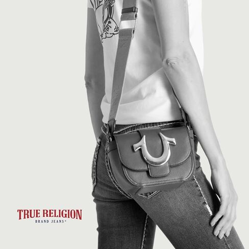 حقيبة كروس نسائية من True Religion، حقيبة كتف صغيرة قابلة للتعديل مع شعار حدوة الحصان، رمادي داكن in Kuwait
