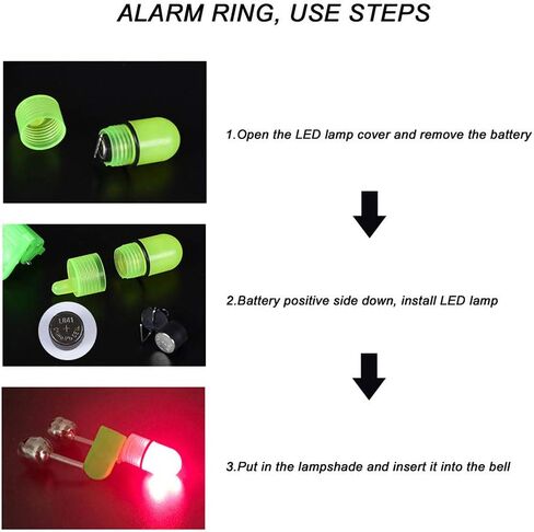 LIOOBO 60 pcs LED Night Fishing Rod Bite Bait Alarm Light with Twin Bells Ring Fishing Bite Alarm Indicator On Fishing Rod Sea Fishing Rod Light Clip Green Fishing Accessories in Kuwait