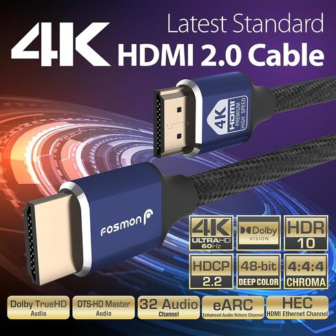 Fosmon 4K HDMI Cable 50FT/15M, HDMI 2.0 Cable 4K@60Hz/2160p Support 18Gbps, HDCP, 3D, ARC, Dolby TrueHD, 30AWG Compatible with UHD TV, PC Monitor, Console, PS4, PS5, Xbox 360/One/X/S, Nintendo Switch in Kuwait