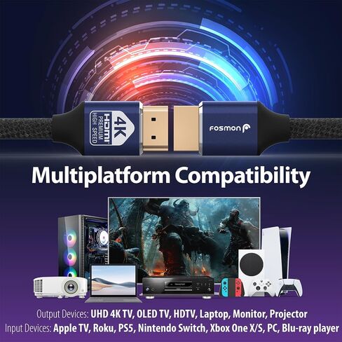 Fosmon 4K HDMI Cable 50FT/15M, HDMI 2.0 Cable 4K@60Hz/2160p Support 18Gbps, HDCP, 3D, ARC, Dolby TrueHD, 30AWG Compatible with UHD TV, PC Monitor, Console, PS4, PS5, Xbox 360/One/X/S, Nintendo Switch in Kuwait