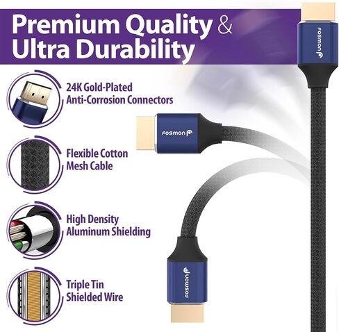 Fosmon 4K HDMI Cable 50FT/15M, HDMI 2.0 Cable 4K@60Hz/2160p Support 18Gbps, HDCP, 3D, ARC, Dolby TrueHD, 30AWG Compatible with UHD TV, PC Monitor, Console, PS4, PS5, Xbox 360/One/X/S, Nintendo Switch in Kuwait
