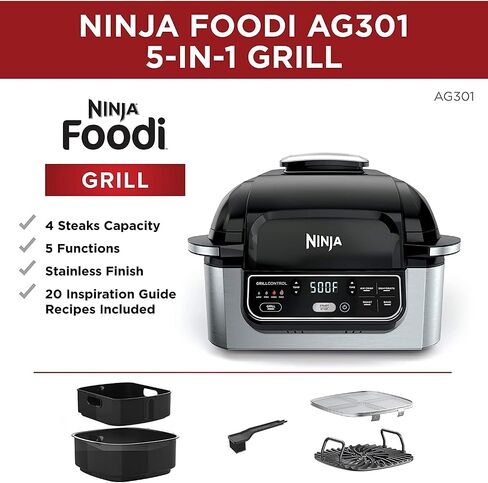 Ninja EG201 Foodi 6-in-1 Indoor Grill with Air Fry, Roast, Bake, Broil, & Dehydrate, 2nd Generation, Black/Silver in Saudi Arabia