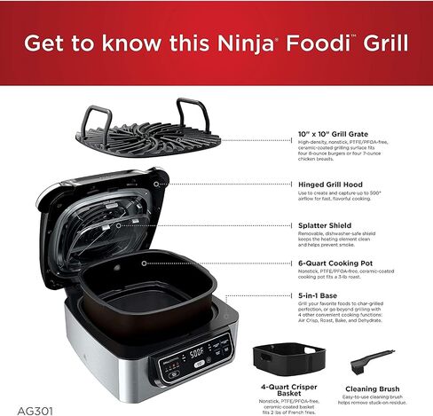 Ninja EG201 Foodi 6-in-1 Indoor Grill with Air Fry, Roast, Bake, Broil, & Dehydrate, 2nd Generation, Black/Silver in Saudi Arabia