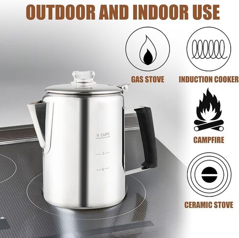 APOXCON Multi Use Percolator Coffee Pot with Glass Knob and Silica Gel Handle, Stainless Steel Coffee Maker for Indoor Induction Cooktop, Electric Stove, Outdoor Campfire Stovetop 6 Cup in Saudi Arabia
