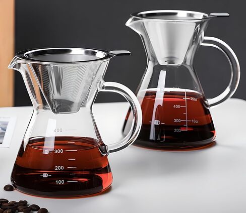COFISUKI Pour Over Coffee Maker - Elegant Drip Coffee Maker with Reusable Stainless Steel Filter/Dripper, Lead-Free Borosilicate Glass Coffee Carafe for 1-4Cup (500ml/18oz) in Kuwait