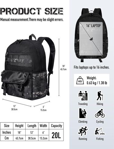 20L Military Tactical Backpack for Men, Tactical Bag Bug Out Bag, Army 3 Days Assault Pack, Small Tactical Backpack Assault Bag - Black&Camo in Saudi Arabia