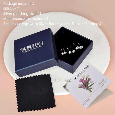 SILBERTALE 3 أزواج 925 فضة مكعبة زركونيا مجموعة أقراط 3-8 ملم للرجال والنساء in Kuwait