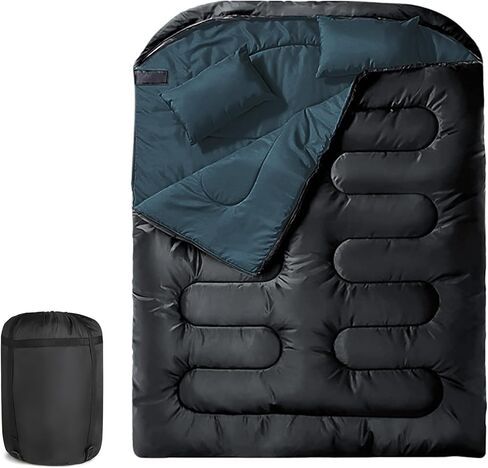 Double Sleeping Bag for Adults with 2 Pillows Waterproof Queen Size 2 Person Sleeping Bags for Cold/Warm Weather - Camping Hiking Backpacking (Black&Gray) in Saudi Arabia
