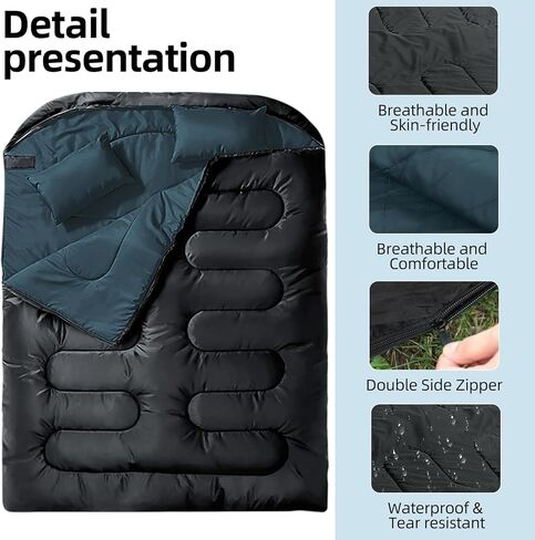 Double Sleeping Bag for Adults with 2 Pillows Waterproof Queen Size 2 Person Sleeping Bags for Cold/Warm Weather - Camping Hiking Backpacking (Black&Gray) in Saudi Arabia