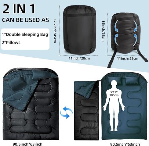 Double Sleeping Bag for Adults with 2 Pillows Waterproof Queen Size 2 Person Sleeping Bags for Cold/Warm Weather - Camping Hiking Backpacking (Black&Gray) in Saudi Arabia