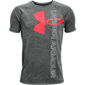 Under Armour Boys' Standard Tech Split Logo Hybrid Short-Sleeve T-Shirt, (323) Greenwood Light Heather / / Black, Medium