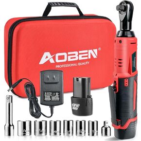 AOBEN Extended Cordless Ratchet Wrench Kit, 4.7" Long Reach 3/8" ratchet,40 Ft-lbs Electric Power Ratchet Set with Variable Speed Trigger,2 Packs 2000mAh Lithium-Ion Battery And Charger,8 Sockets
