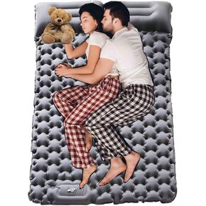 Inflatable Double Camping Mat with Pillow, Build-in Foot Pump Ultralight Sleeping Air Matress Pad for 2 Person, Portable Bed Compact for Camping Hiking Backpacking Outdoor (Grey, Double)