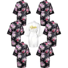 Jecery 7 Pcs Satin Kimono Robes for Women Getting Ready Short Robe Floral Bridesmaid Robes Glitter Bride Robe for Wedding Day Bridal Party Maid of Honor Dressing Gown, Pink & White