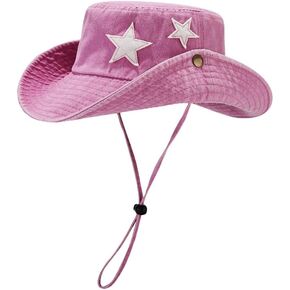 Unisex Cotton Boonie Hat Summer Outdoor Packable Stars Fishing Bucket Hat Beach Sun Hat with String for Women Men