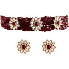 I Jewels Indian Bollywood18K Gold Plated Light Weighted Beaded Floral Choker Jewelry Set Encased With Faux Kundan Along with Earrings for Women (ML228)