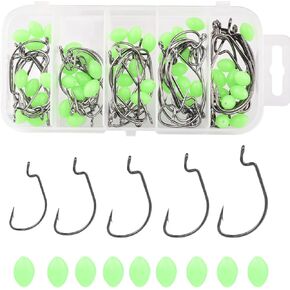 Fishing Hooks,50pcs Offset Worm Hooks and 50pcs Oval Glow Fishing Beads Jig Fish HooksWide Gap Hook with Barb Handle
