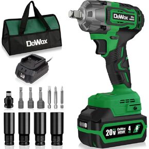 DOWOX Cordless Impact Wrench 1/2 Inch, High Torque 1200 Ft-lbs Brushless Impact Gun, 20V Power 4.0 Ah Battery, Fast Charger, 5 Pcs Sockets and Tool Box Kit