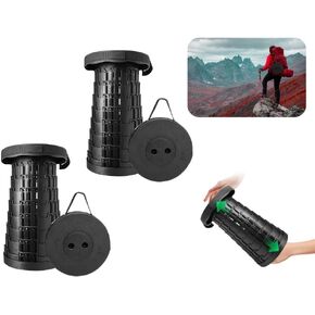 Collapsible Folding Stool Camping Fishing BBQ – Upgraded Sturdy Foldable Stool with Load Capacity of 500lbs, Telescopic Folding Stool Retractable Stool 2-Pack, Large, Black
