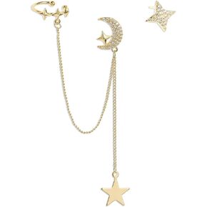Sonateomber Star Moon Dangle Ear Cuff Earrings for Women – Cute Small Angel Star Asymmetrical Stud long Chain tassel Drop Dangling Cartilage Crawler Wrap Jewelry Gifts