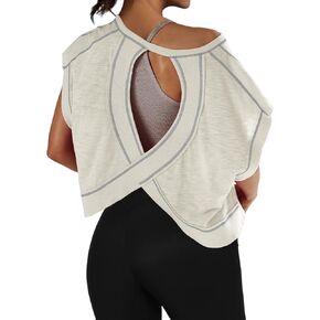 Women Open Back Short Sleeve Workout T Shirts Casual Loose Gym Running Yoga Shirt Athletic Tee Activewear Crop Tops