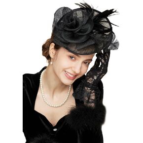 Gionforsy Fascinator Hat Feather Derby Tea Party Hat with Lace Gloves Pearl Necklace for Wedding (Black)