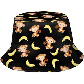 Funny Monkey and Banana Print Bucket Hat for Women Men Fisherman Hat Packable Sun Cap for Beach Travel
