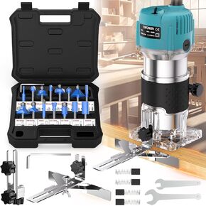 TWOWIN Router Tool, 6.5 Amp 1.25 HP Hand held Wood Router Tool, Compact Palm Trim Router for Woodworking, 6 Variable Speeds Fixed Base Laminate Router Woodworking Tool with Dust Hood 15PCS Router Bits