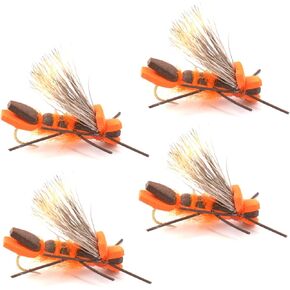 The Fly Fishing Place Godzilla Hopper Fly Fishing Flies - Orange High Visibility Grasshopper or Stonefly Dry Fly - 4 Flies Hook Size 8