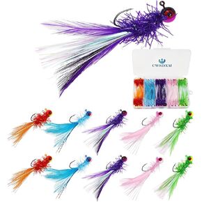 40pcs Crappie Jigs, Marabou Feather Hair Jigs, Heads with Feather Hand-Tied Fishing Hair Jigs for Panfish Sunfish Walleye 1/28oz,1/14oz