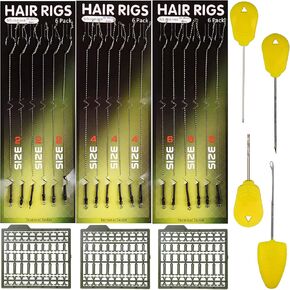 Carp Fishing Hair Rigs Boilie Stopper Kit, 18pcs Curved Barbed Carp Hooks Rig with 3 Card Boilie Bait Stops and 4pcs Needle Tool Carp Fishing Equipment