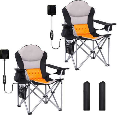 Heated Camping Chair, Folding Chair Camping Heated Chair, Adjustable Chair Back with 12V 10000mAh Battery, Carry Bag, Cooler Bag, Cup Holder and Zippered Holder (Set of 2) in Saudi Arabia