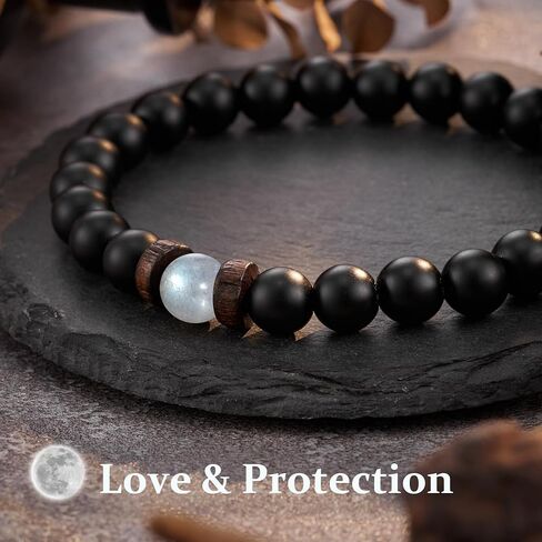 سوار من الحجر الطبيعي من Seyaa مع خرز العقيق الأسود وحجر القمر هدايا للرجال والزوج والرجل والأب والابن - هدية الذكرى السنوية للتخرج وعيد الميلاد وعيد الأب وعيد الميلاد له in Kuwait